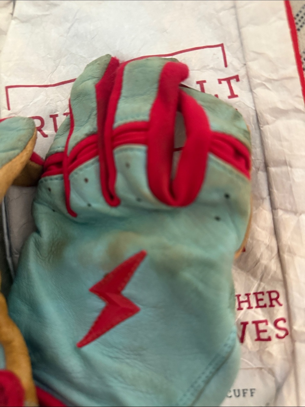 Bruce bolt Ym &xl Leather Work baseball gloves in Tan, Baby Blue & Red - Picture 3 of 14